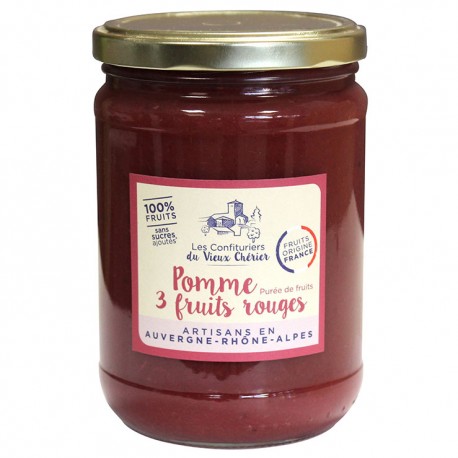 Purée 100% fruit / Compote Pomme 3 fruits rouges artisanales - Vente en ligne - Confitures du Vieux Chérier - Rhône Alpes